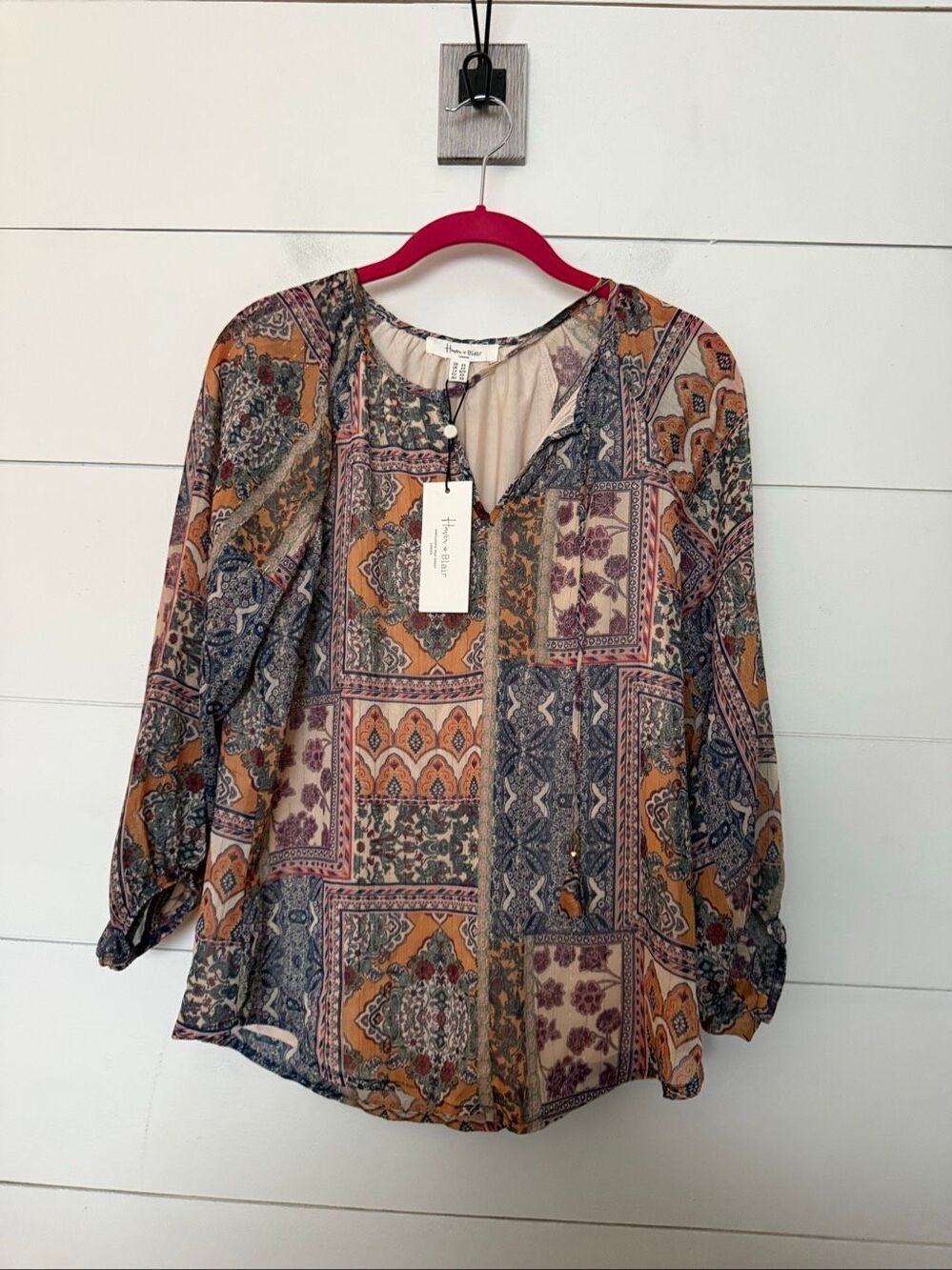Haven & Blair Women’s XS Peasant Boho Patchwork Flowy Top Blouse New